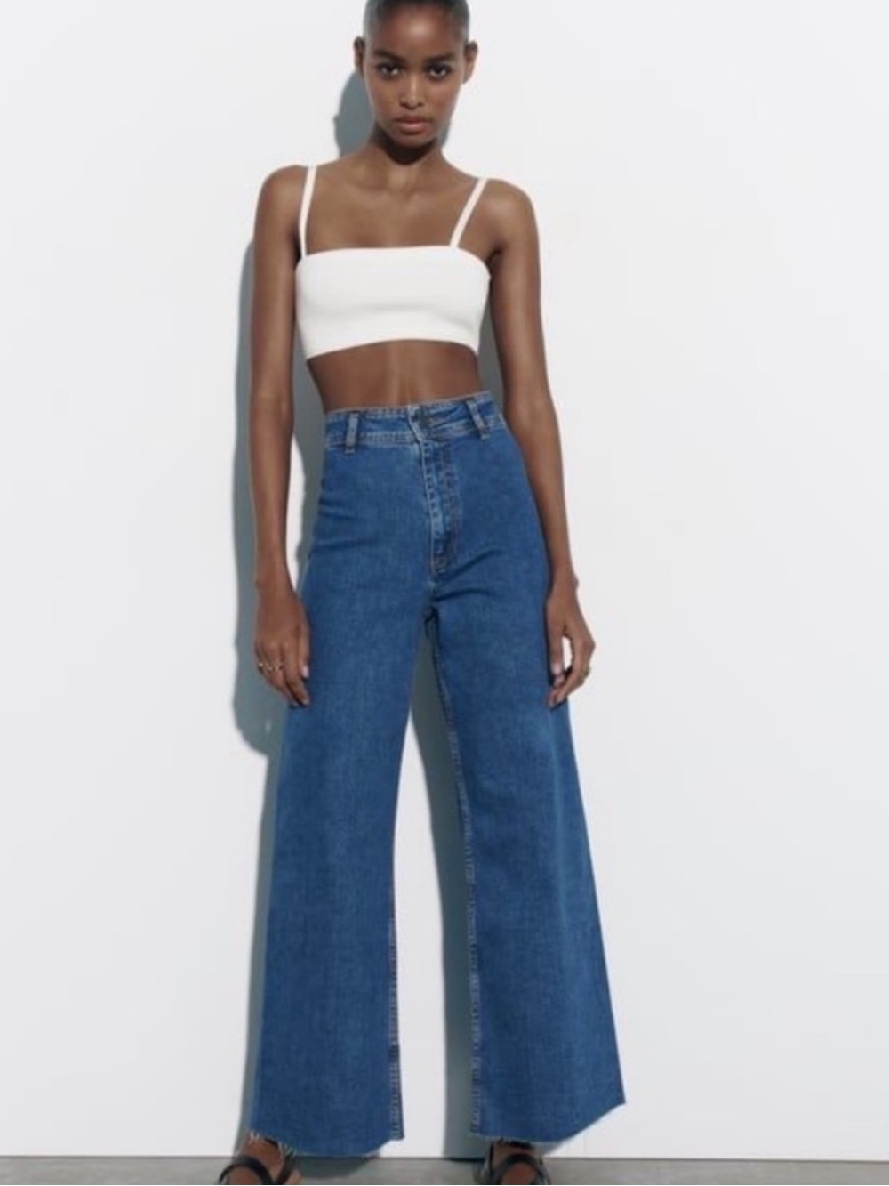 Zara Marine Straight Wide Leg Jeans Raw Hem Medium Wash Sz 4